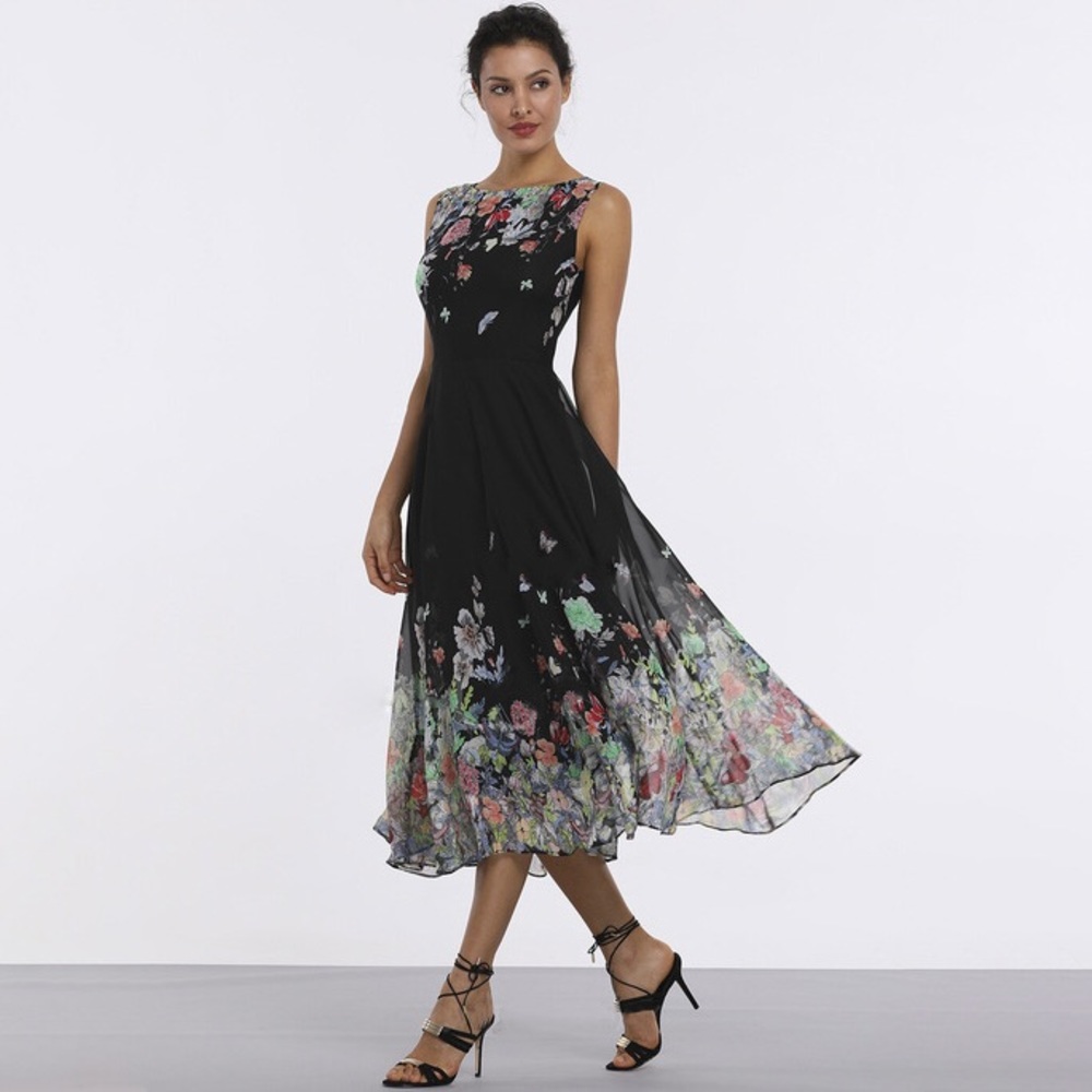 Floral Boat Neckline Sleeveless Midi A-line Dress - Picture 2 of 8